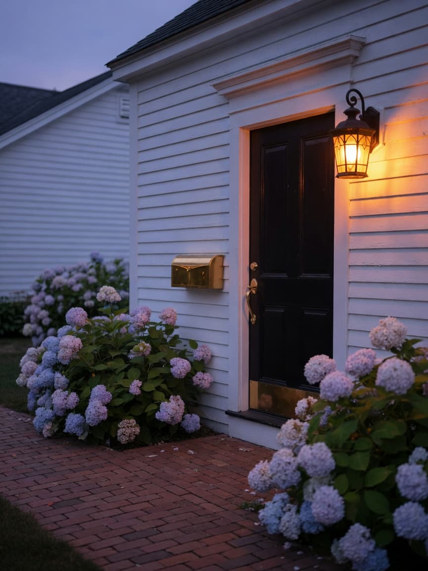Front door of a house at dusk