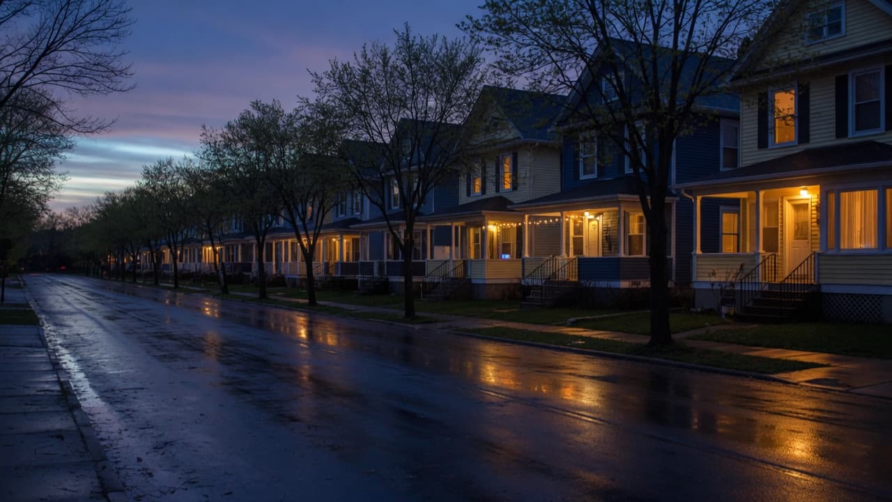 A block of houses at blue hour
